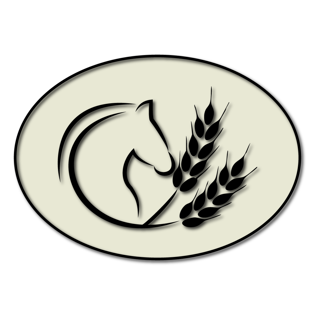 Logo noir et blanc une tete de cheval et 2 épis de blé